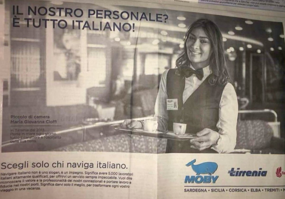 MartaEcca's tweet photo. Quando l'assenza di stranieri nel personale a bordo diventa un punto di forza. 
Negherei ogni centesimo pubblico a chi del razzismo si fa vanto.

L'italianità è un'altra cosa. 

#Moby
#Noracism https://t.co/DqhqEdnEb5