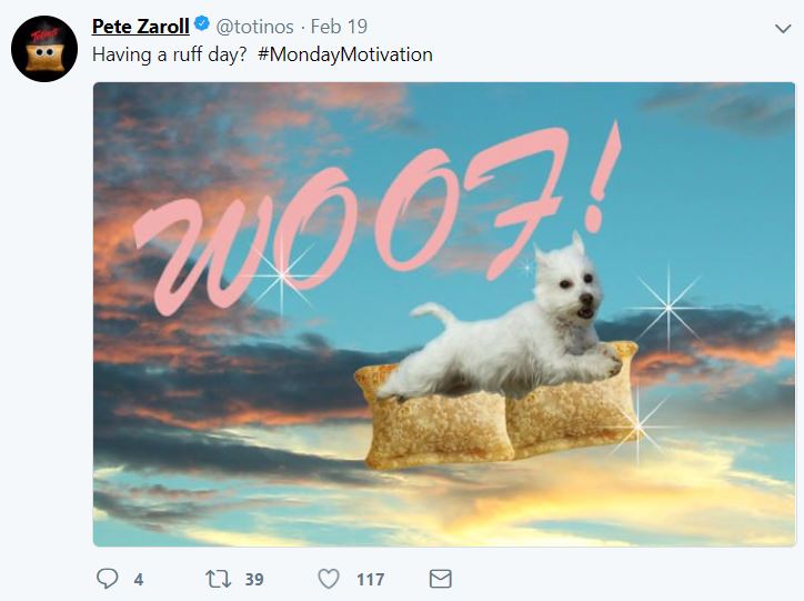 Kyle_Moeglin's tweet photo. @scottcowley @totinos Is already using memes to promote their products and to create associations with the brand. Totinos uses "Pete Zaroll" as a "meme mascot" of sorts, he is featured frequently and acts as an identifier that promotes general brand recognition. #ICMKTG #UAkronMarketing https://t.co/NuNs02RDmc
