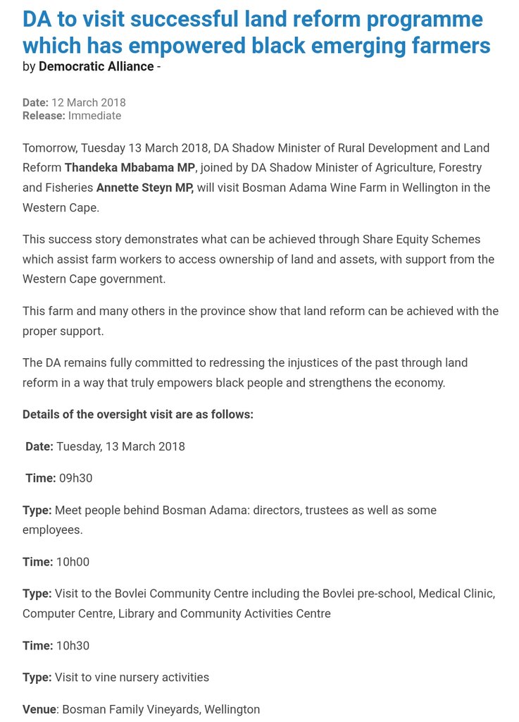 Our_DA's tweet photo. #DALand

Tomorrow, we will visit the Bosman Adama wine farm in Wellington to showcase how land reform can be successfully achieved within the confines of the constitution through Share Equity Schemes that empower farm workers through ownership of land and assets. https://t.co/29EKXOX3eI