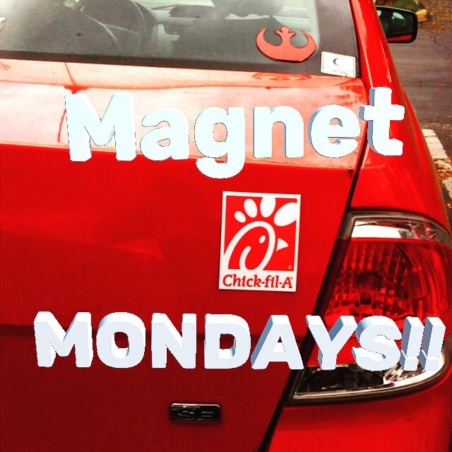 CFA_Forsyth's tweet photo. Itβs #MagnetMonday! From 10:30am-8pm, in Drive-Thru ONLY: let your order taker or the person at the window know you have a Chick-Fil-Magnet on your vehicle. And we'll be sure to give you a FREE Chick-Fil-A Offer Card for the next time you stop by! ππππ
#MagnetMondays https://t.co/ldH6JHlE1K