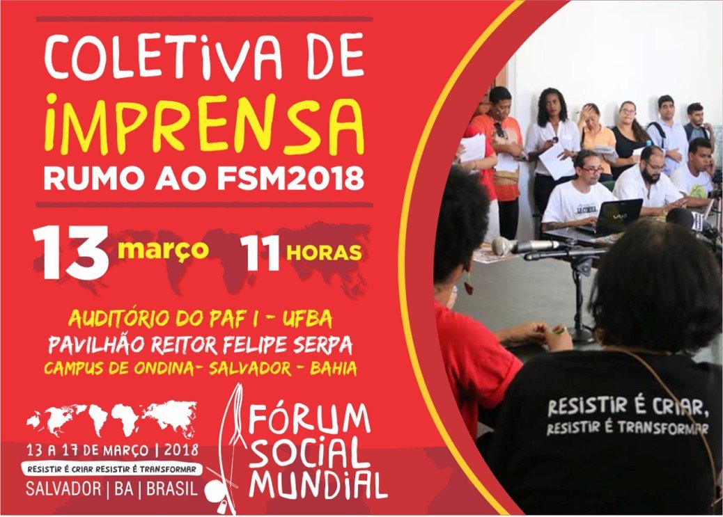 Worldsocforum's tweet photo. [ FSM 2018 🌎 COLETIVA DE IMPRENSA]
⚠️ ATENÇÃO COMUNICADORES ⚠️

➡️ https://t.co/HY4ES6SueQ

#FSM2018 #VemFSM #ComunicaçãoColoborativa #ResistirCriarTransformar https://t.co/08ErGeJpiO