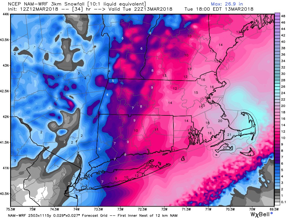 gilsimmons's tweet photo. Hello snow! 12Z HiRes NAM 10:1 snow is healthy! #windshieldwiper #steadycourse #WTNHweather @FredCampagna @StormFurey @SamKantrow @WTNH https://t.co/uQ0CeN8yTg