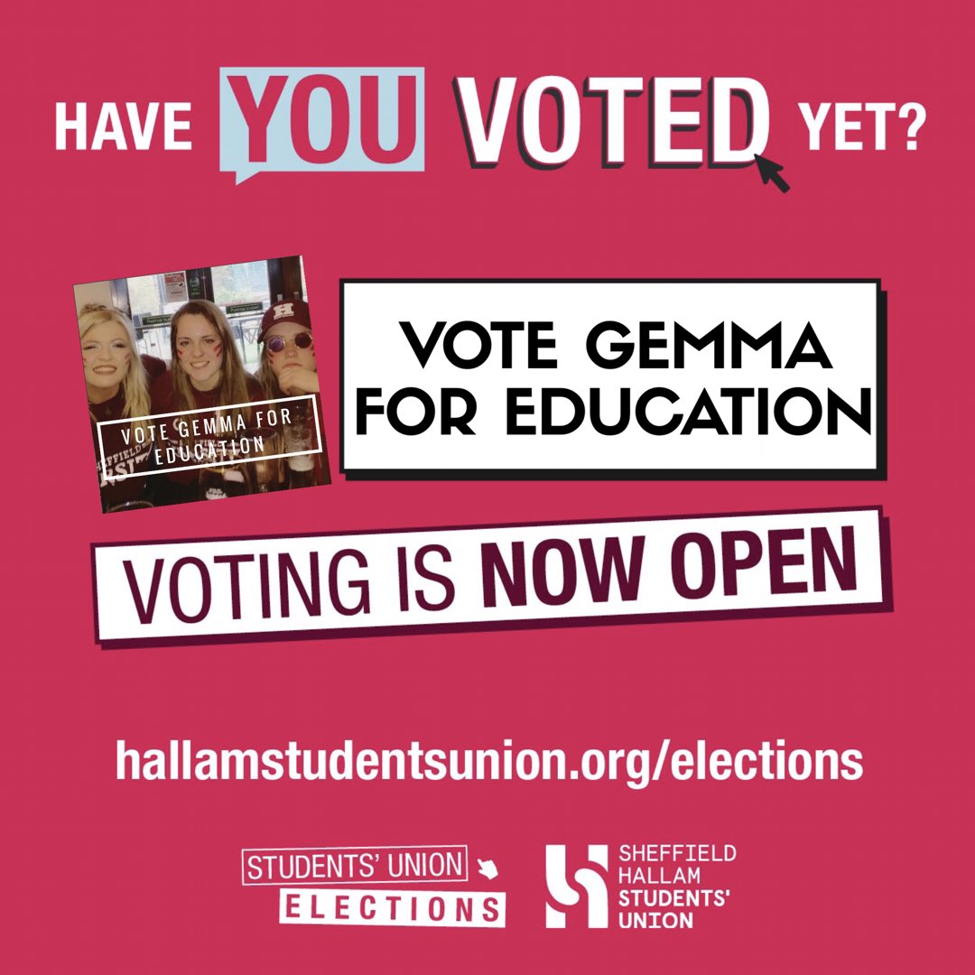 rykingcod's tweet image. Please please please vote Gemma for Education in the #HallamElections! hallamstudentsunion.org/elections - @SHSUSalsa @SHSUHarryPotter @SHSUnursingsoc @SHSUDebatingSoc @HallamCheer @SHSUHarmonies @SHSUGEOGsoc @SHSU_BioSoc @HallamSUFemSoc @SHSUPolSoc 
@HallamWRFU @HallamWFootball