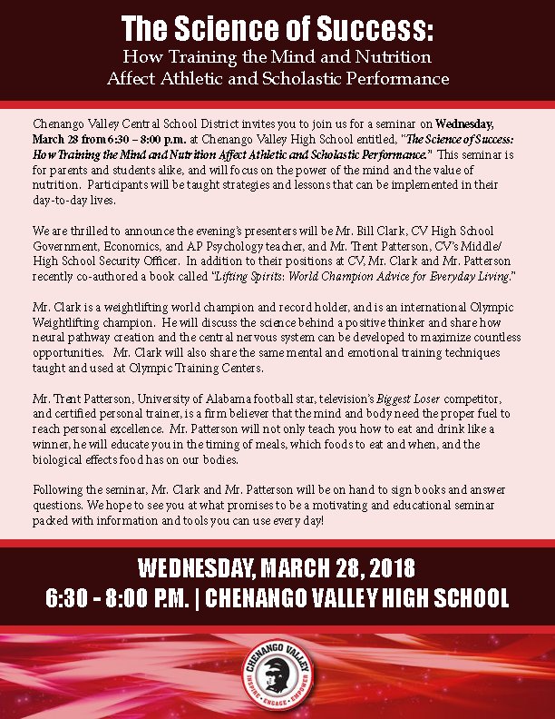 CVCSDWarriors's tweet photo. .@billclarkchamp and Mr. Patterson will be holding an informational seminar called “The Science of Success: How Training the Mind &amp; Nutrition Affect Athletic &amp; Scholastic Performance” at CV High School on March 28 from 6:30 – 8:00 p.m. @CVSupt

More information in flyer attached: https://t.co/OYcXEvzjcF