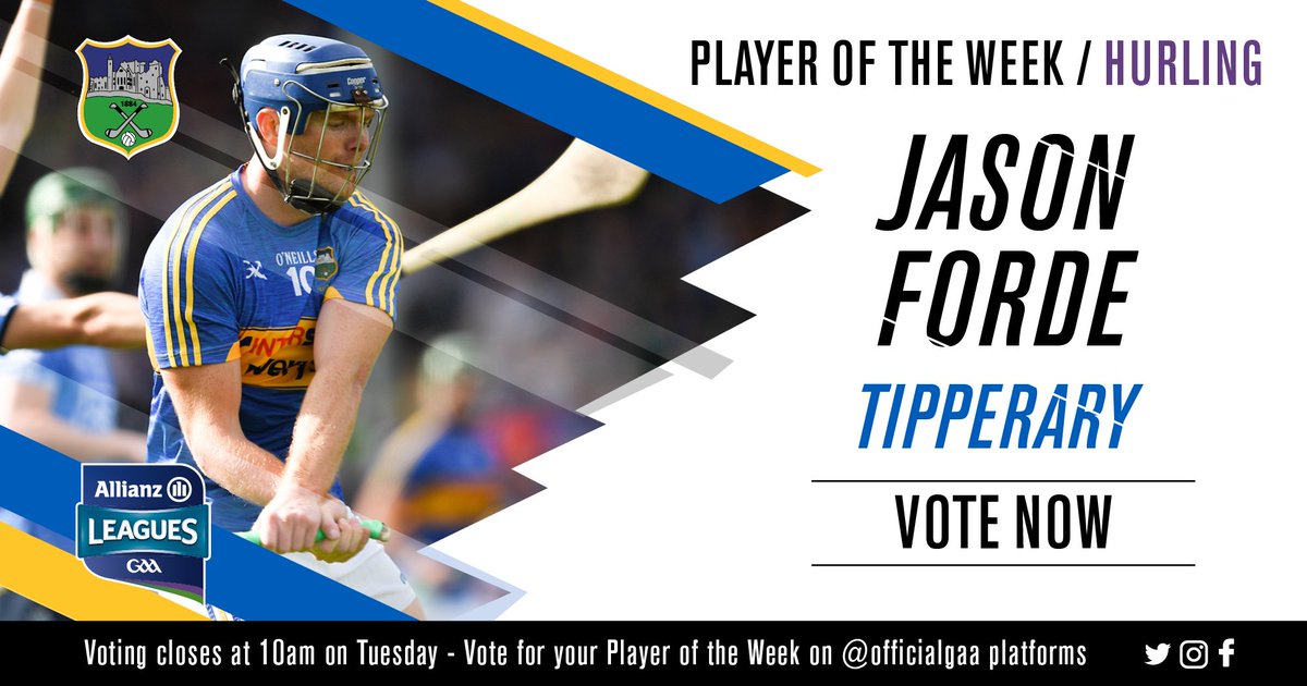 officialgaa's tweet photo. It's another https://t.co/gvXdqh656y Player of the Week nomination for Jason Forde who continues to impress for @TipperaryGAA in the #AllianzLeagues! Is he your https://t.co/gvXdqh656y Hurler of the Week? Voting is taking place now on Instagram! https://t.co/Z8YtjEvzpC