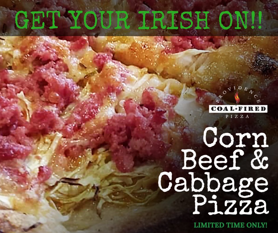 ProvPizza's tweet photo. WE STRUCK GOLD WITH THIS ONE! Try our Corn Beef &amp; Cabbage Pizza in honor of St. Paddy's Day! Available all week and goes great with a Guinness! https://t.co/TGifwdXbUw