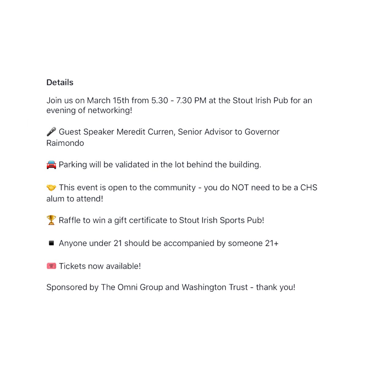 classicalhsaa's tweet image. Happening this Thursday! Join us at the Stout Irish Sports Pub with guest speaker Meredith Curren! Don’t miss the opportunity to expand your network. Visit classicalalumni.org/event/2018-mar…. Hurry - online registration closes soon!Sponsored by The Omni Group &amp;amp; Washington Trust -thank you!