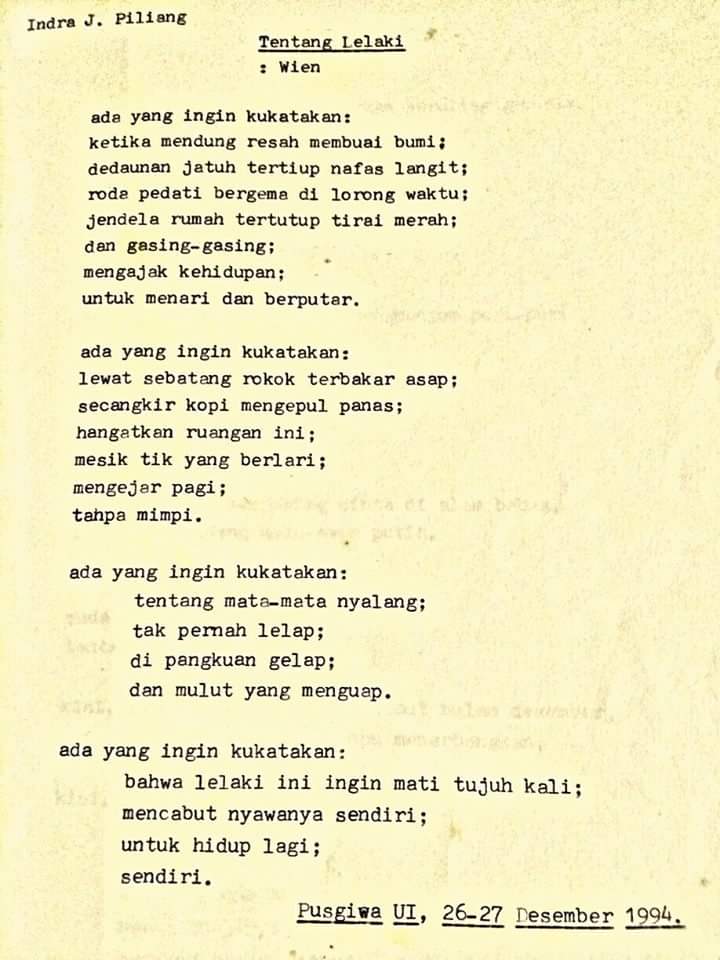 Share lg ah; puisi "Tentang Lelaki" yg kutulis u/ Wien Muldian yg barangkali layak dicatat sbg tokoh perbukuan segala peristiwa. #BaladaZaman