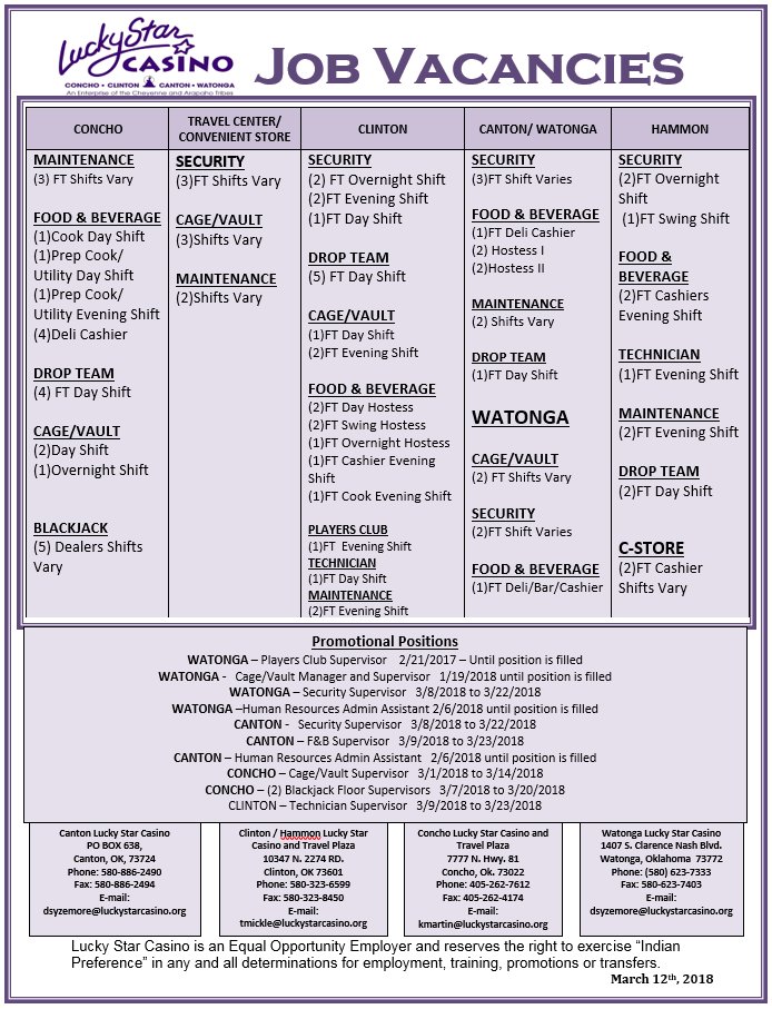 CA_ETAProgram's tweet image. Lucky Star Casino's Employment Vacancies 3/12/2018