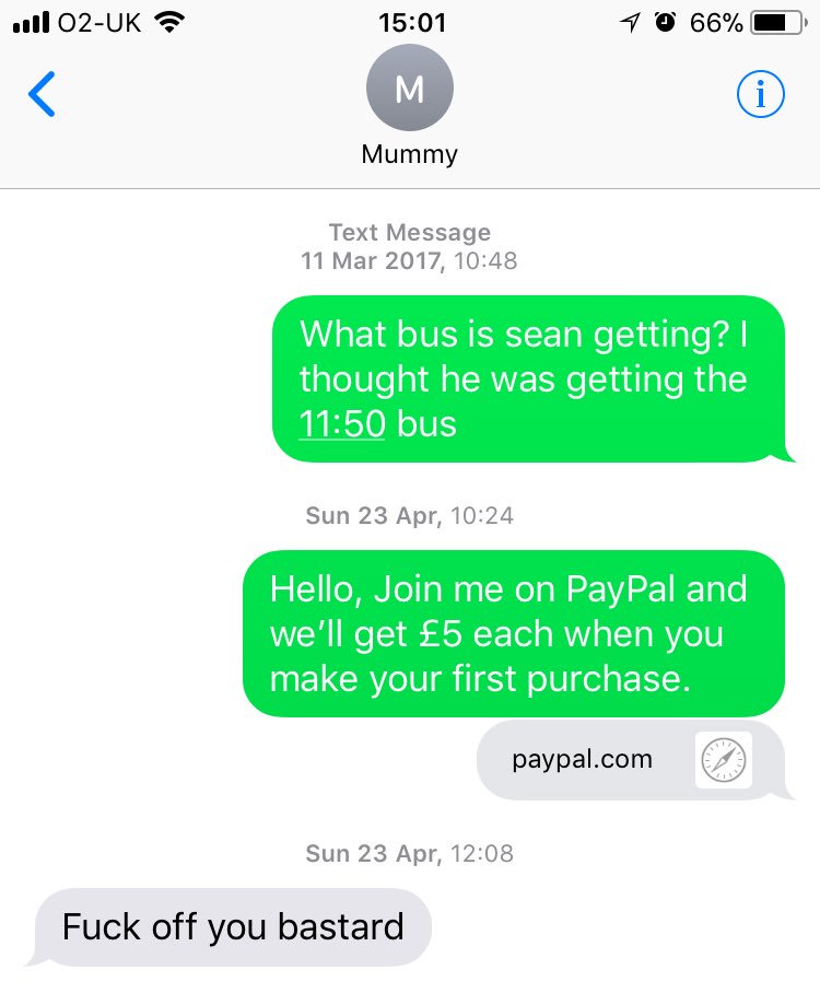 _CiaraMarie's tweet photo. Remember when I tried to refer my mum to PayPal so I’d get a free fiver and she thought I was a scammer https://t.co/yu27Ba5Thr
