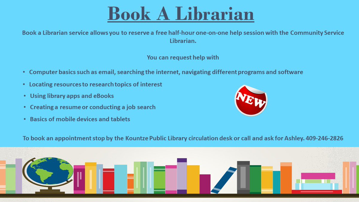 KountzeLibrary's tweet photo. With our new service you can receive one on one help with a variety of topics. 
If you think you or someone you know could benefit from this service feel free to give us a call. https://t.co/KfjyH5mRtm
