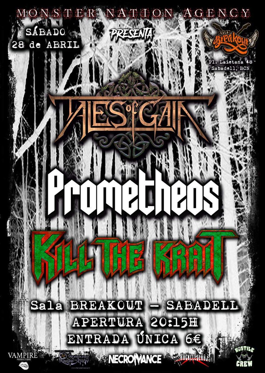 killthekrait's tweet image. El dia 28 de abril estaremos en ka breakout. En la presentación del nuevo discazo de @TalesofGaia. Os esperamos!!! #killthekrait #talesofgaia  #prometheos #breakout