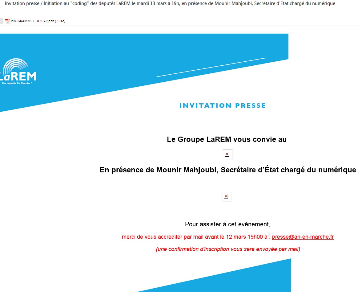 reesmarc's tweet image. Je reçois une invitation presse #LaREM pour un "coding apero" à l'AN, en présence de Mounir Mahjoubi. Plus exactement, une "initiation au coding des députés LaREM".

Le mail contient des images, qu'on ne peut pas voir puisque l'intégration est cassée dans le code.