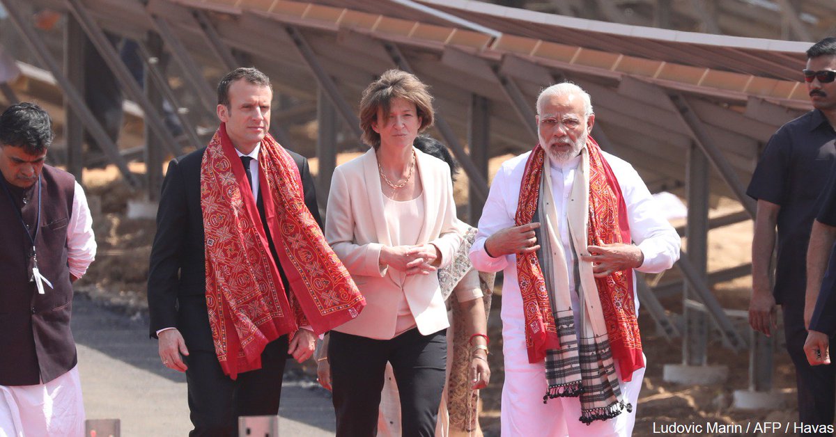 isabelle_kocher's tweet photo. Yesterday, as president of @TheTWinitiative, I attended the first #ISAsummit. And today, as @ENGIEgroup CEO, I inaugurated Mirzapur #SolarPower plant, Uttar Pradesh’s largest solar project, in the presence of President Macron and Prime minister Modi. Turning ambition into action! https://t.co/9KZzewiUG4
