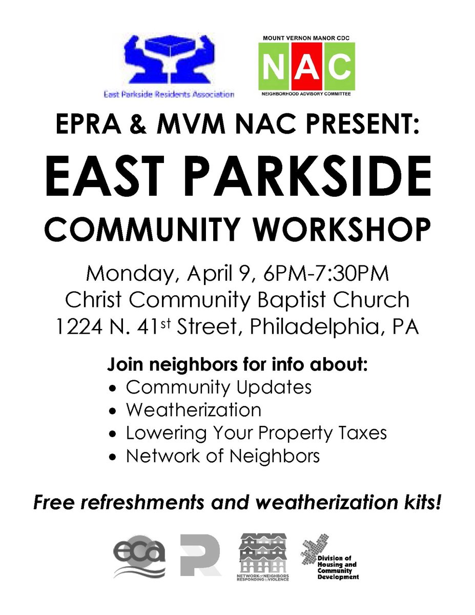 Due to tonight's snowstorm, the East Parkside Community Workshop is RESCHEDULED to April 9th! See flyer for updated details. Stay safe and warm this evening!