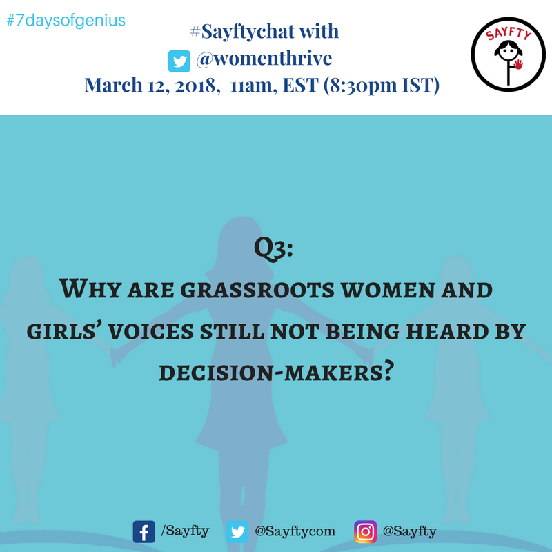 SayftyCom's tweet photo. Q3. Why are grassroots women and girls’ voices still not being heard by decision-makers #InTheRoom? #SayftyChat @womenthrive #7daysofgenius #csw62 https://t.co/41UdfF0gFR
