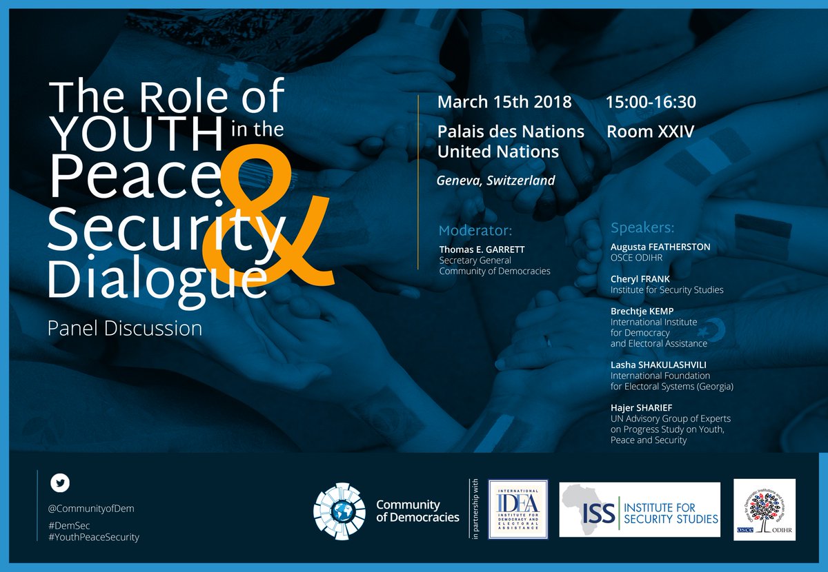 osce_odihr's tweet photo. This Thursday 15 March, @OSCE_ODIHR will join with @CommunityofDem, @Int_Idea and @issafrica to discuss the role of #youth in #peace and #security dialogue. https://t.co/juZsRGJ0xR