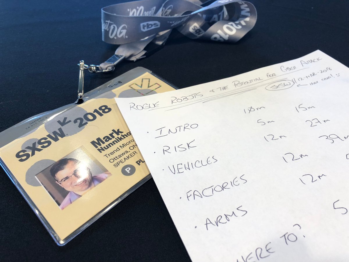 marknca's tweet photo. in 30m, I'm speaking at 11am (central) here in beautiful Austin @sxsw on the topic of industrial robots &amp; their cybersecurity risk

🤖🤖🤖
Fairmont hotel, Manchester CD room // 11am
🤖🤖🤖

Run sheet is ready, should be a blast!

https://t.co/TqR1ySEud0

#roguerobots #security https://t.co/PWMAAXPK4a
