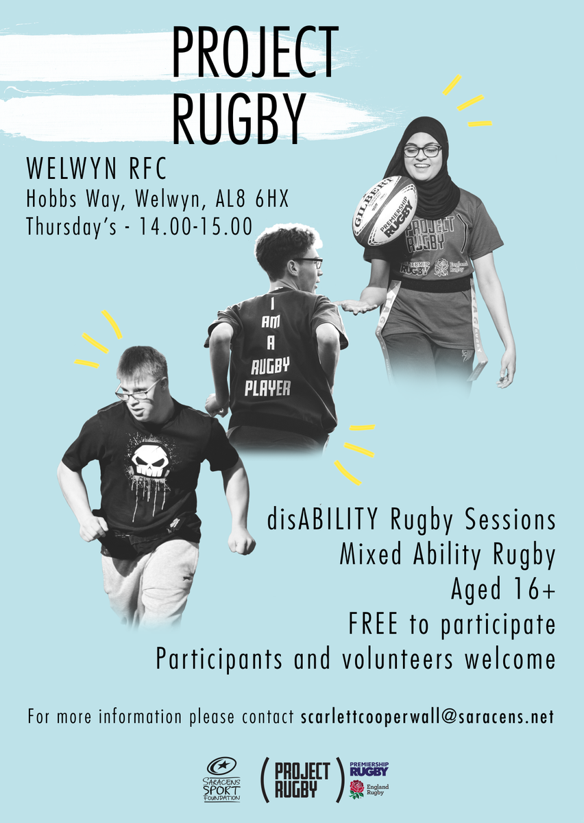 Project Rugby's approach is that #rugby is for anyone. Half the team have a #disability, half don't. Simple. projectrugby.co.uk
 
Herts clubs include: 
<a href="/FulleriansRFC/">Fullerians RFC</a> Tue 6.30-7.30, <a href="/HertfordRFC/">Hertford RFC</a> Wed 5.30-6.30, <a href="/HarpendenRUFC/">Harpenden Rugby Club</a> Thur 6.30-7.30, <a href="/WelwynRugby/">Welwyn Rugby Club</a> Thur 2.00-3.00