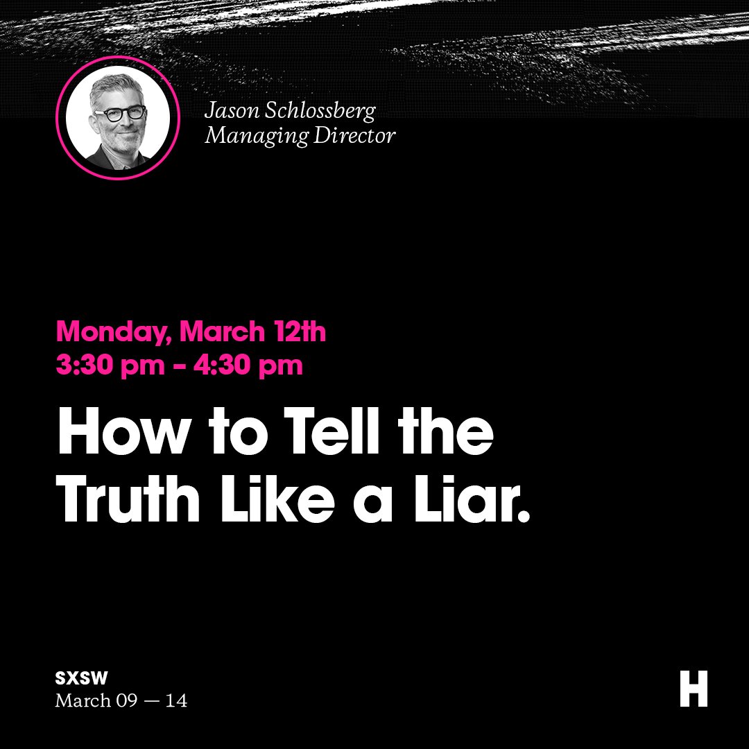 hugeinc's tweet photo. Huge at SXSW today: @JSchlossberg 'tells the truth like a liar' at 3.30 (https://t.co/zmSi4zIAQg), then we talk Design Thinking with @Google &amp; @contagious at 5 (https://t.co/Gl80XARd8F) and @amshap sits down with @HarvardBiz's @maureenhoch at 7 (https://t.co/TIfG4J5ub0). https://t.co/oBj6lnnGa4