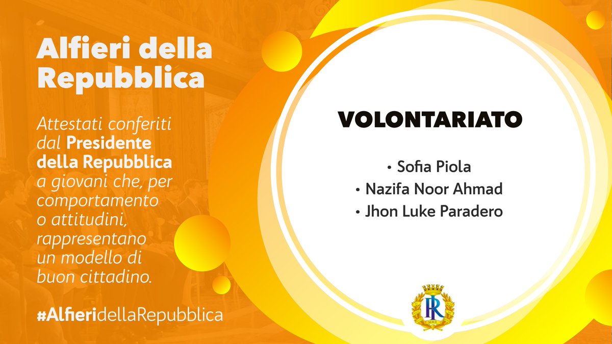 Quirinale's tweet photo. il #volontariato è fra gli ambiti premiati con le onorificenze degli #AlfieridellaRepubblica. La sensibilità, la solidarietà e il sostegno alla propria comunità fra i motivi dei premiati di quest'anno 👉https://t.co/TWXzx4TtqW https://t.co/i2rJeAzD7o