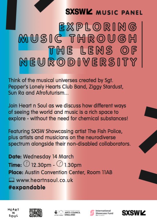 Heart n Soul artists and musicians including @_TheFishPolice & @robyn_steward will be speaking on a panel about music and #neurodiversity at @sxsw TOMORROW. Check out when and where to hear them... #expandable #futureartsandculture @B_Undergr0und @ace_national