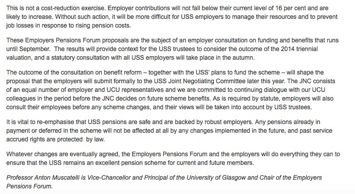 This is not a cost-reduction exercise. Employer contributions will not fall below their current level of 16 per cent and are likely to increase. Without such action, it will be more difficult for USS employers to manage their resources and to prevent job losses in response to rising pension costs.<br />
<br />
These Employers Pensions Forum proposals are the subject of an employer consultation on funding and benefits that runs u