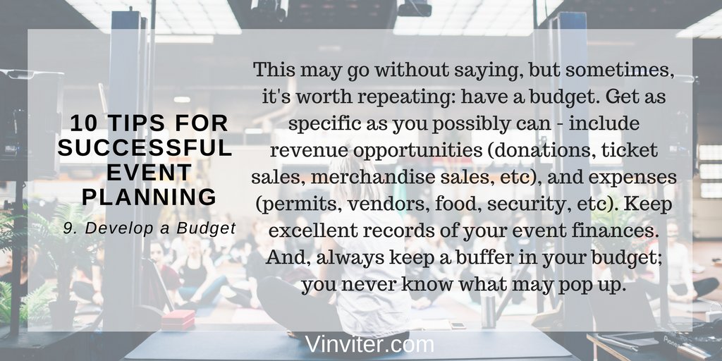 Vinviter's tweet photo. Developing a budget for your event is a tip that should go without saying. Keep track of income and expenses throughout your event planning and event itself. And have a buffer for unseen expenses. #Vinviter #LocalEvents #EventPlanning https://t.co/mDUlN1TJhu