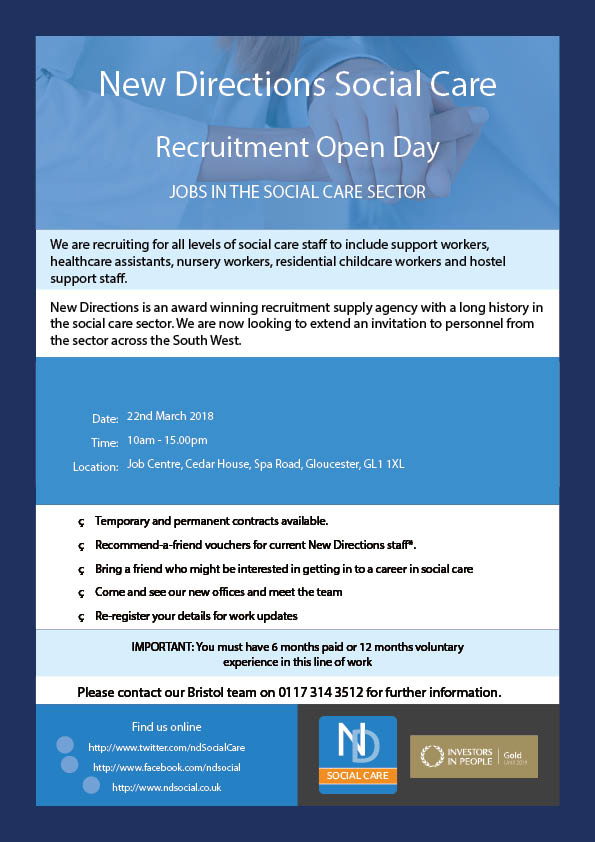 Our #Bristol team will be on hand at Gloucester Job Centre on March 22nd 2018 to meet candidates from the #socialcare sector looking for new challenges. Please feel free to share or RT for #jobs in #Gloucester