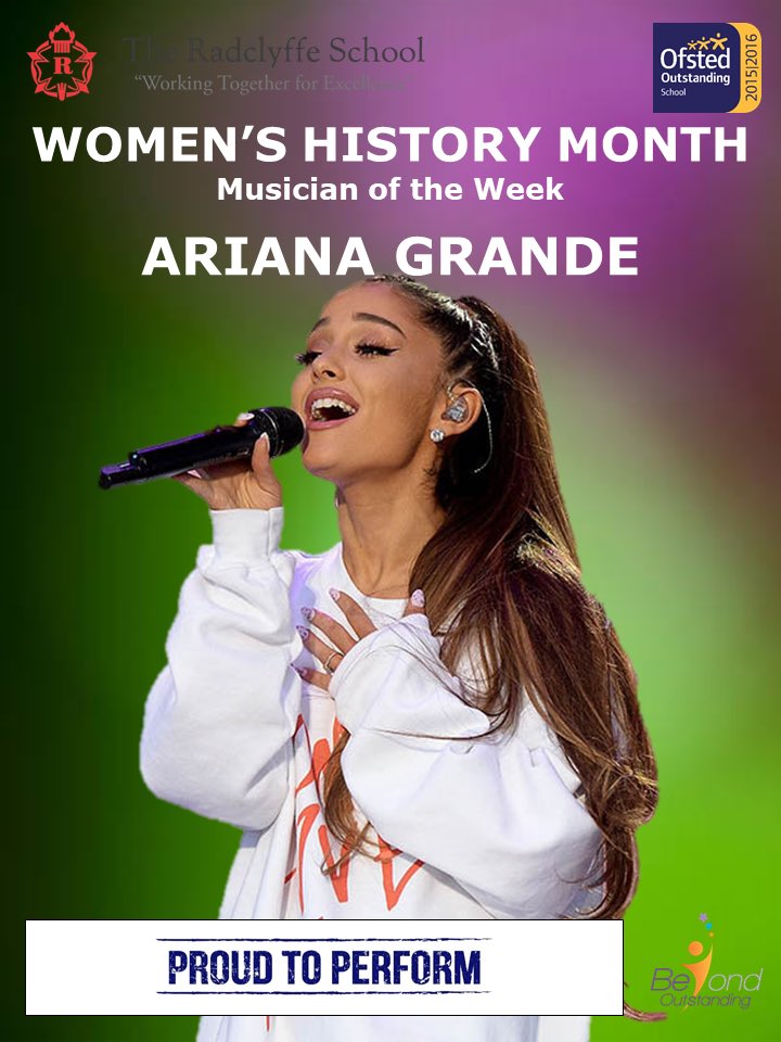 RadclyffeMusic's tweet photo. Student nominations for Week 2 of #WomensHistoryMonth include @ArianaGrande and @kerryjaneellis1 #PROUDtoPerform #Music #MusicianofTheWeek https://t.co/rB2Ksfg17r