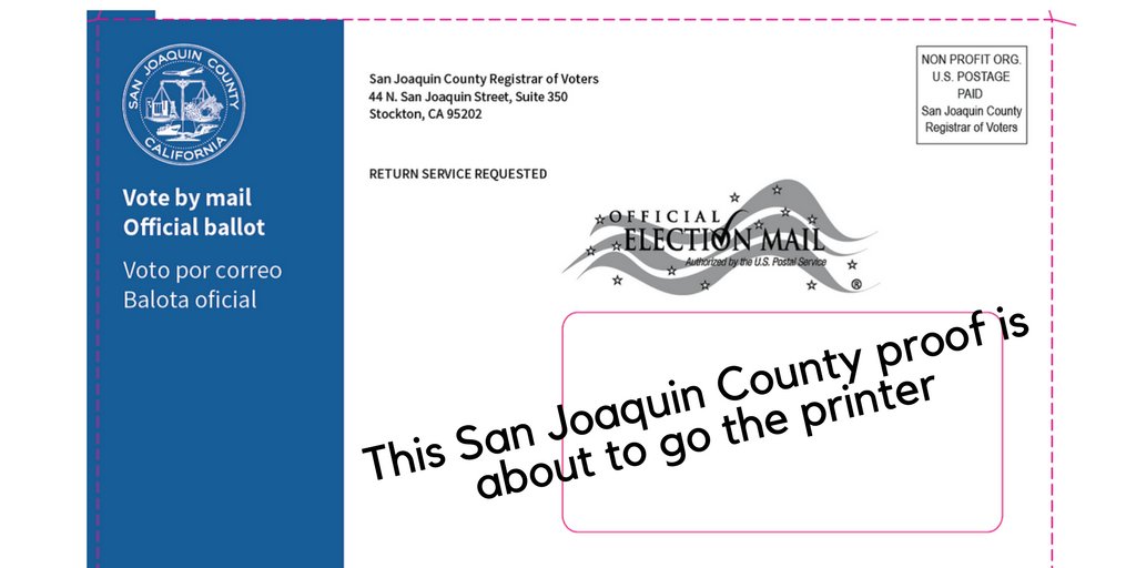 San Joaquin County's new vote by mail ballot design for the outgoing/outer envelope