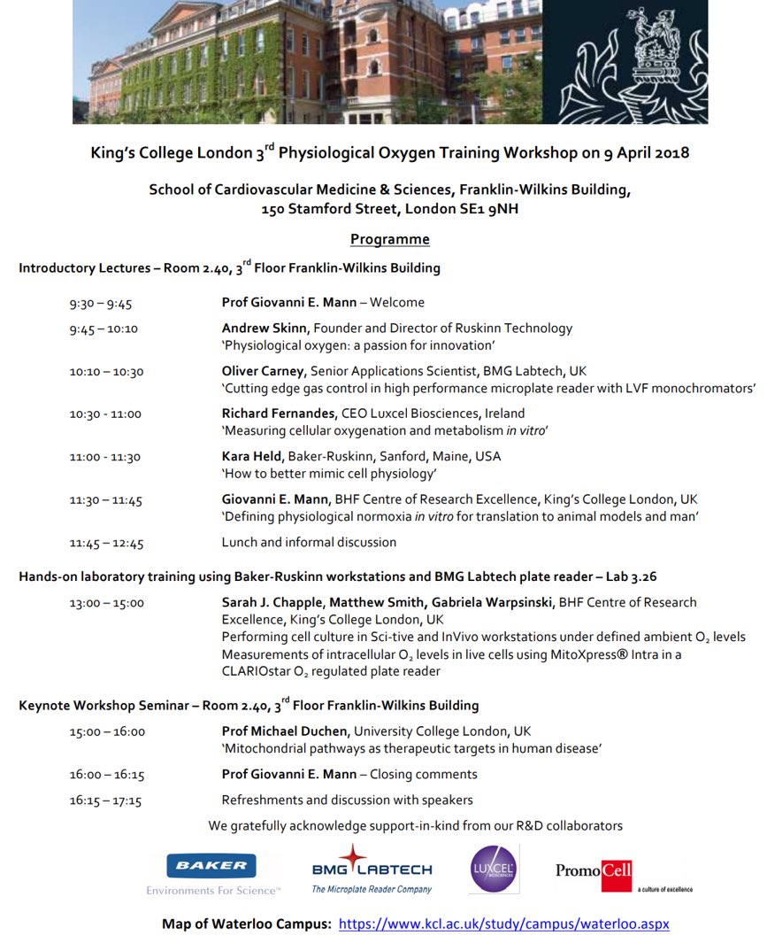 3rd Physiological Oxygen Workshop, King’s College London,  9 Apr 2918 - lectures/practical  using O2-regulated workstations plate reader, MitoXpressINTRA to monitor O2 in cells. (email giovanni.mann@kcl.ac.uk to register) <a href="/TheBakerCo/">The Baker Company</a> <a href="/platereaders/">Test</a> <a href="/LuxcelBio/">Luxcel Biosciences</a> <a href="/TheCrick/">The Francis Crick Institute</a> <a href="/lvbforum/">LVBF</a>