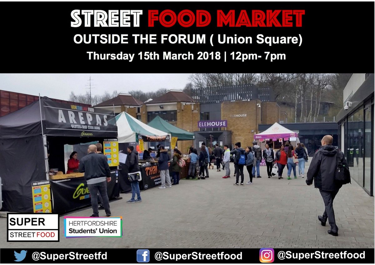 Join us at <a href="/UniofHerts/">University of Hertfordshire</a> College lane Campus with @hertssu serving delicious street food from across the globe. 12pm-7pm (outside The Forum Hertfordshire) #JoinUs #Foodies #Streefood