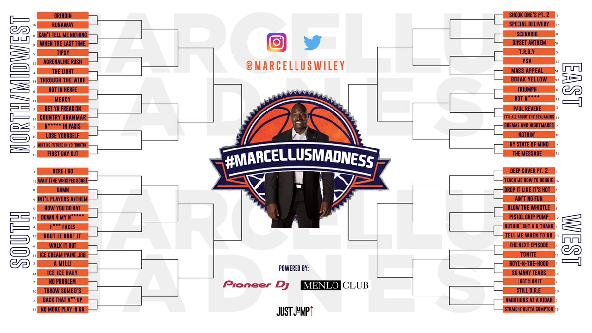 Marcellus Wiley (@marcelluswiley) on Twitter photo There can only be one GREATEST BEAT EVER. It's #MarcellusMadness time!
This contest offers 64 beats from the 4 regions competing bracket style for a chance to win prizes from @pioneerDJ & <a href="/menlo_club/">Menlo Club</a>
Create your bracket NOW at: Marcelluswiley.com/MarcellusMadne⦠There can only be one GREATEST BEAT EVER. It's #MarcellusMadness time!
This contest offers 64 beats from the 4 regions competing bracket style for a chance to win prizes from @pioneerDJ & <a href="/menlo_club/">Menlo Club</a>
Create your bracket NOW at: Marcelluswiley.com/MarcellusMadneā¦