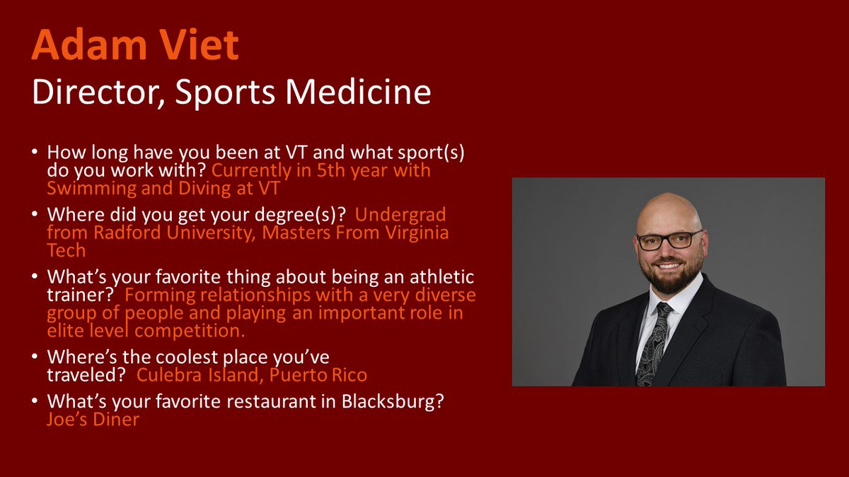 VTsportmed's tweet photo. Today's staff spotlight is @HokiesSwimDive athletic trainer Adam Viet.  Thanks for all you do, Adam! #NATM2018 https://t.co/EeXPIzhdmE