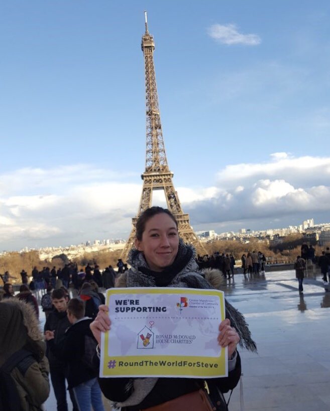 So #aroundtheworldforsteve is a virtual <a href="/gmchamber/">GM Chamber</a> <a href="/RMHCUK/">Ronald McDonald House Charities UK</a> challenge, but we’re making our mark in reality too...1st pic thanks to Emeline Puig in Paris! We have such a long way to go, please give what you you can... <a href="/steveburne/">Steve Burne</a> <a href="/SteveBurneRooms/">SteveBurneRooms</a> justgiving.com/fundraising/gm…