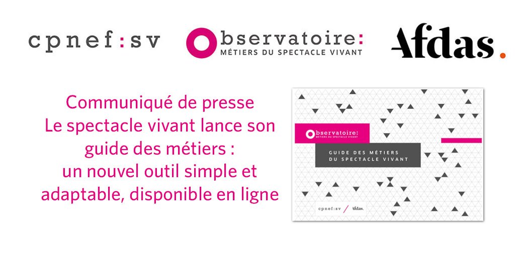 [COMMUNIQUÉ DE PRESSE]
Le #spectacle vivant lance son guide des #métiers : un nouvel outil simple et adaptable, disponible en ligne.
Réalisé avec la <a href="/CPNEFSV/">CPNEF-SV</a> ⤵️
bit.ly/guide-cpnef-sv