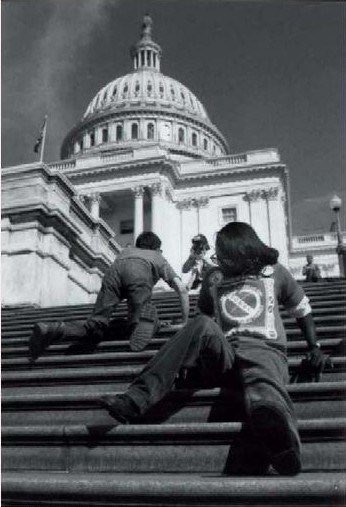 Picture of Anita Cameron crawling up the Capitol steps in 1990