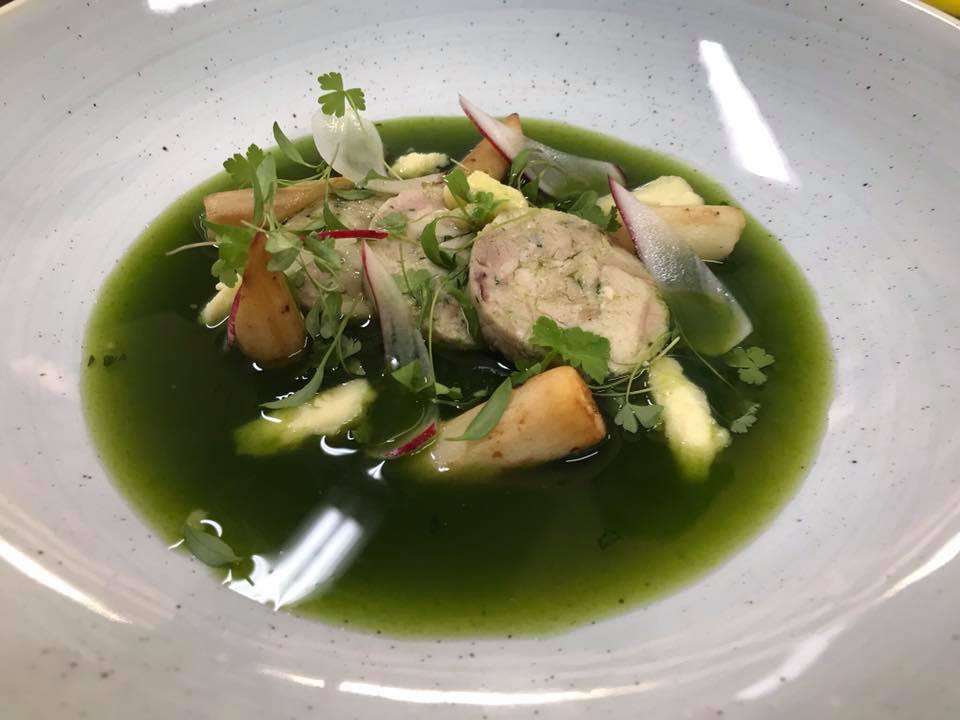TheStackpoleInn's tweet photo. Chicken and parsley soup, chicken ballotine, roast salsify, black bomber - A starter from Friday's Steak Night at The Inn. Did you attend? Tweet us your pics #thestackpoleinn https://t.co/wbvphu60zx
