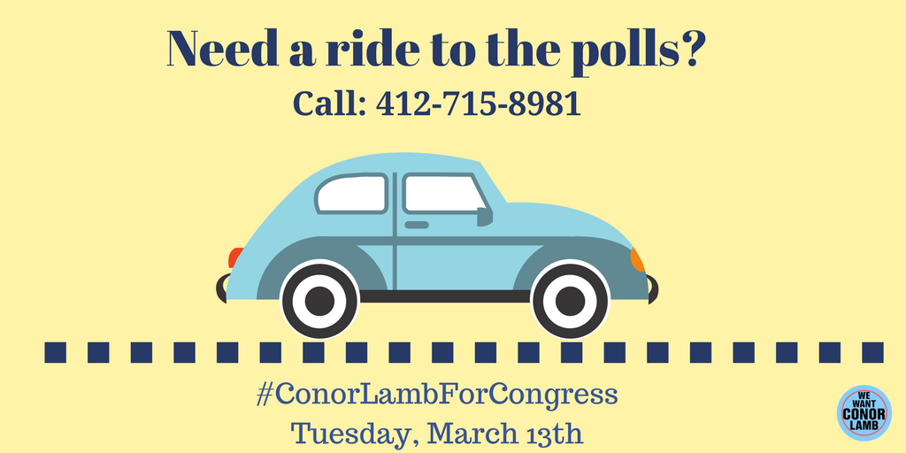 WeWantConorLamb's tweet photo. Do you want to vote tomorrow, but need a ride to the polls?

The campaign has volunteers lined up to help you!

#VoteLamb on March 13th!

#ConorCares #PA18 #GOTV https://t.co/RkRddK1fUj