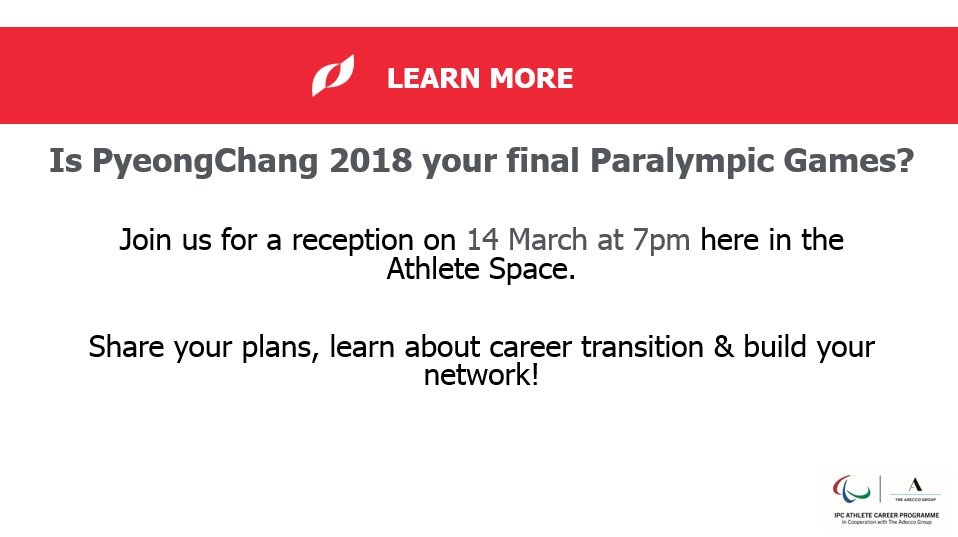 AdeccoGroup's tweet photo. Amazing Day3 #PyeongChang2018: curling, cross-country skiing, snowboarding & ice-hockey. But what about life beyond sport and training? The #IPCACP helps #athletes plan their future leveraging their natural determination & drive. JOIN the session
ℹ️ACP: https://t.co/Woa11lcyCg https://t.co/VvcCqWpM4j