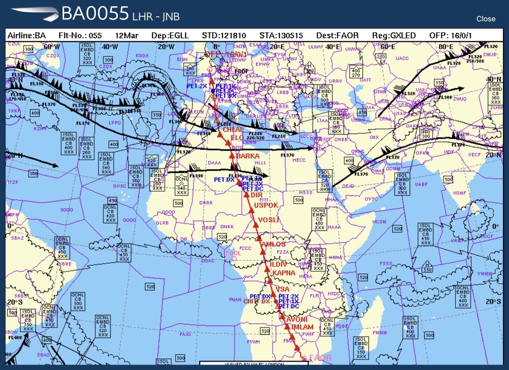 DaveWallsworth's tweet image. The route for LED Zep G-XLED #A380 to Johannesburg tonight as BA55. 10h25m. @British_Airways Hope @Grillhouse_Sndt have a table free for us tomorrow! 😄✈️