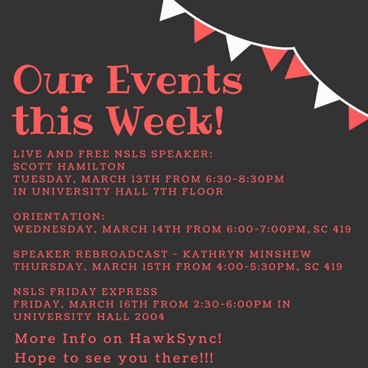 NSLS_MSU's tweet photo. Welcome Back Red Hawks! We hope you had a restful Spring Break! Along with today’s Speaker Rebroadcast of Kathryn Minshew, here are the other events we have this week!
Be sure to RSVP on HawkSync so we know you are coming!!!
Have an awesome week! ❤️
#nsls #events #msu #redhawks https://t.co/zpLr8TvC5C