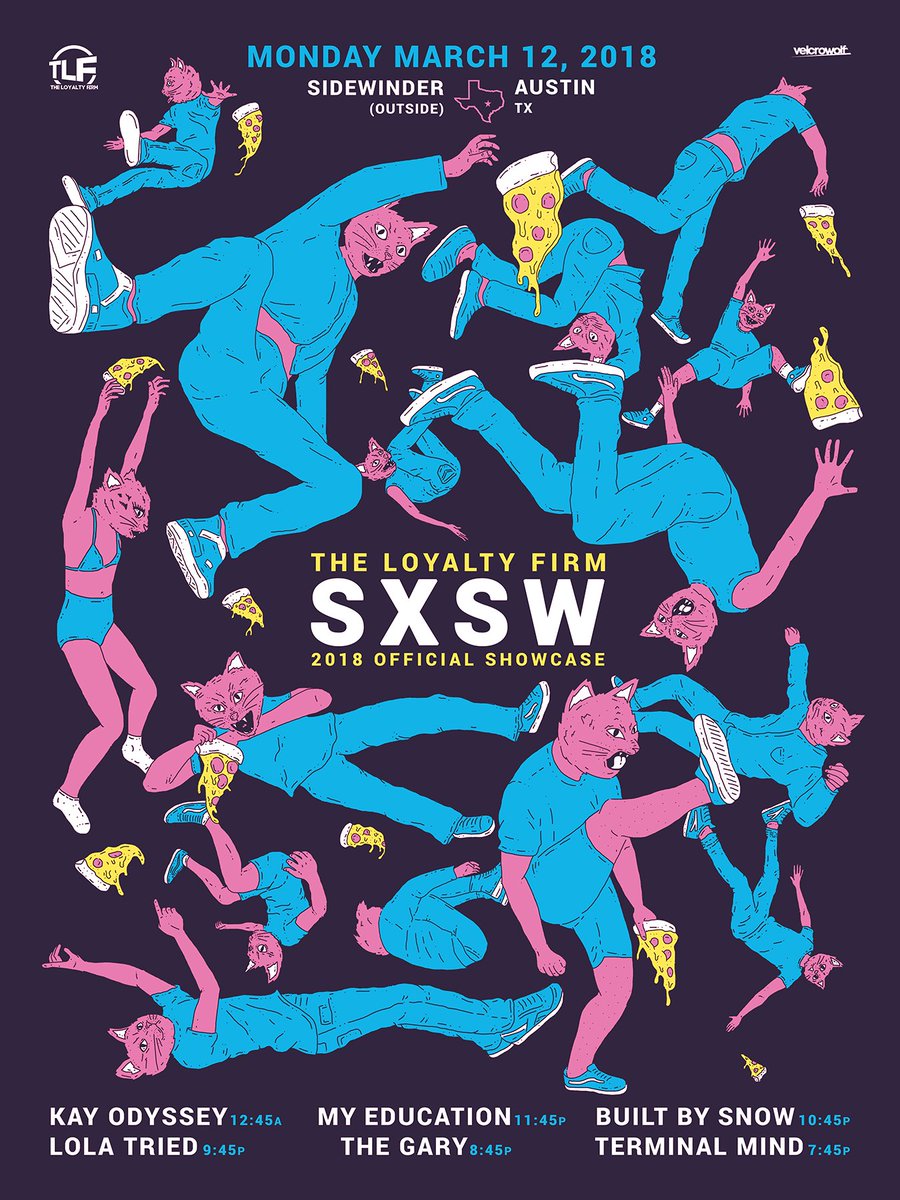 builtbysnow's tweet image. We’re playing @SXSW tonight @thesidewindertx outside stage! schedule.sxsw.com/2018/artists/1… 
poster by @velcrowolf