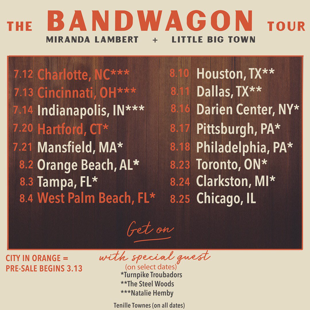 mirandalambert's tweet photo. Y'all The Bandwagon's getting bigger...excited to announce @TpTroubadours @thesteelwoods &amp; @nataliehemby are taking turns hitting the road with us this summer. And @tenilletownes will be out with us for the whole tour. Can't waitl! 
Tickets: https://t.co/1giKxQFter #GetOn https://t.co/oLliQbkSWV