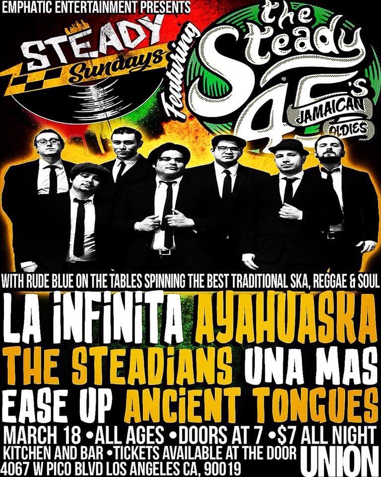 EaseUpMusic's tweet photo. March 18th mark your calendars because we’ll be at @unionclubla with @thesteady45s @lainfinita and more. All Ages! $7 | 7pm Doors #EaseUp #Ska #Reggae #Soul #LosAngeles #MNOrecords #EmphaticEnt #SteadySaturdays #UnionClubLA https://t.co/gVyTEk0P3M