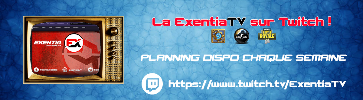 TeamExentia's tweet photo. La ExentiaTV est désormais ouverte !
-> https://t.co/z8smegqIlW

Pour le moment, nous disposons de 3 streamers :
- XelaG sur CS:GO
- xorafa sur Hearthstone
- wakker sur Fortnite

Si vous streamer, vous nous intéresser, envoyer nous un message ! ;)

Cordialement,
STAFF Exentia https://t.co/xzWKl1J957