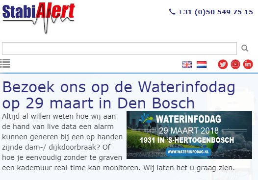 StabiAlert's tweet image. Wij zien u graag op de @Waterinfodag voor een update m.b.t. de laatste ontwikkelingen op het gebied van waterveiligheid. bit.ly/2ATD7F8