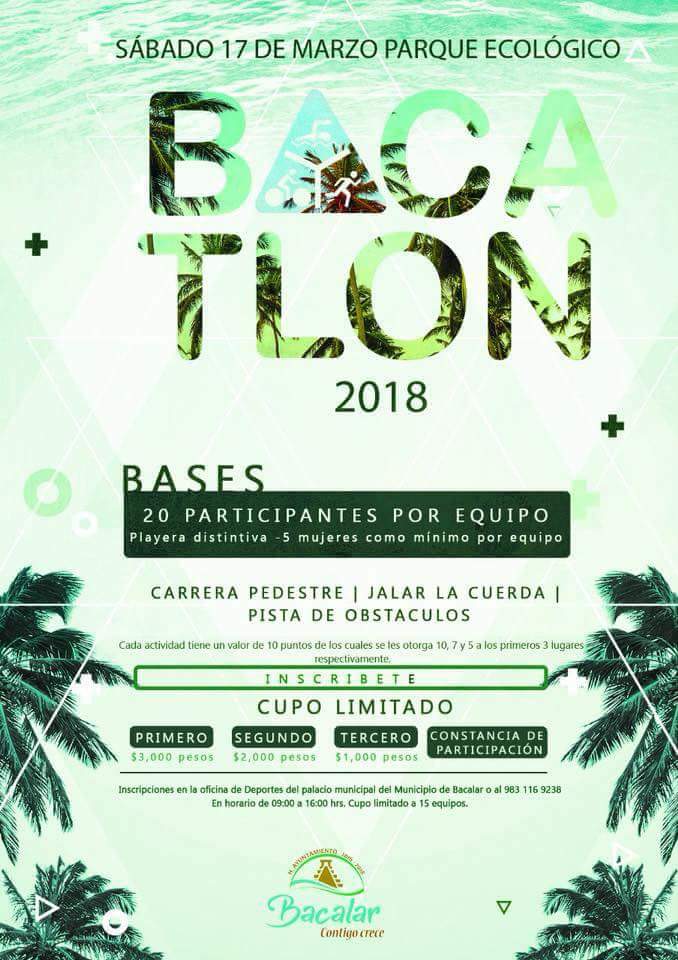 Amigos/as no se pueden perder este sábado 17 de Marzo el #BacaTlon2018, participen en esta gran competencia y disfruten de #Bacalar <a href="/Alex_ZetinaA/">Alexander Zetina Aguiluz</a> <a href="/OneydaIrigoyen/">OneydaCuxin Irigoyen</a> <a href="/jolu_iri/">J lu</a> <a href="/Wilo171/">Wilberth Cuxin Irigo</a> <a href="/Luis_MartinL/">Luis J. Martin Lopez.'.</a> <a href="/judithmatos/">Judith</a> <a href="/ArletMolgoraG/">Arlet Mólgora Glover</a> <a href="/Mbareq/">Paul Romero Gomez</a> <a href="/A_Bacalar/">Ayuntamiento Bacalar</a> <a href="/haualexander/">Alí hau</a> <a href="/PrudyDavid/">Prudy Alcocer</a> <a href="/LuizVices/">Luiz Vices 🇲🇽</a>