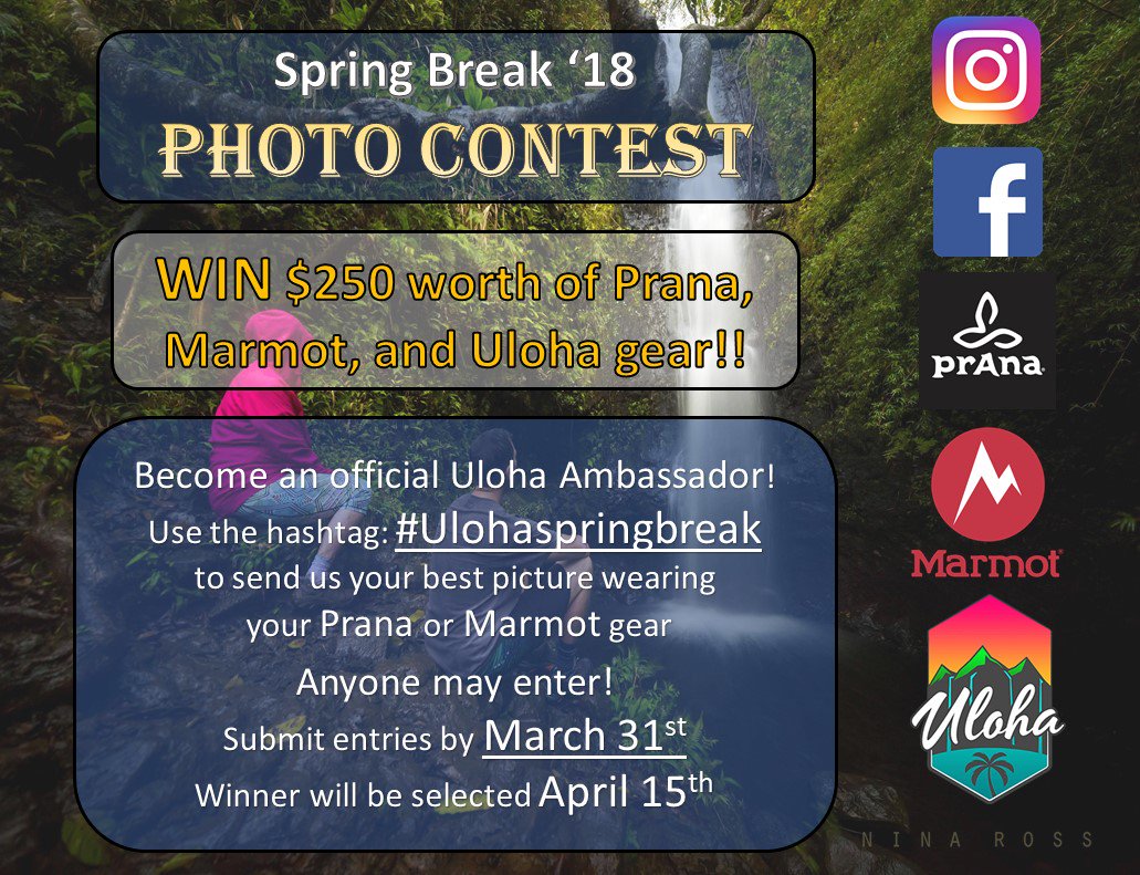 UlohaHawaii's tweet photo. Here's your chance to WIN $250 worth of Prana, Marmot, and Uloha gear!
Get out there and give us your best shot!
#springbreak2018 #springbreakwaikiki #springbreakhawaii #Uloha #luckyweliveHI #Hawaiiunchained #alohaoutdoors #uh #uhmanoa #hilife https://t.co/OH61ZsQ33h